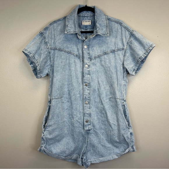 Free People We The Free Womens S Denim Romper Cotton Pockets Snap Buttons Boho - Picture 3 of 14